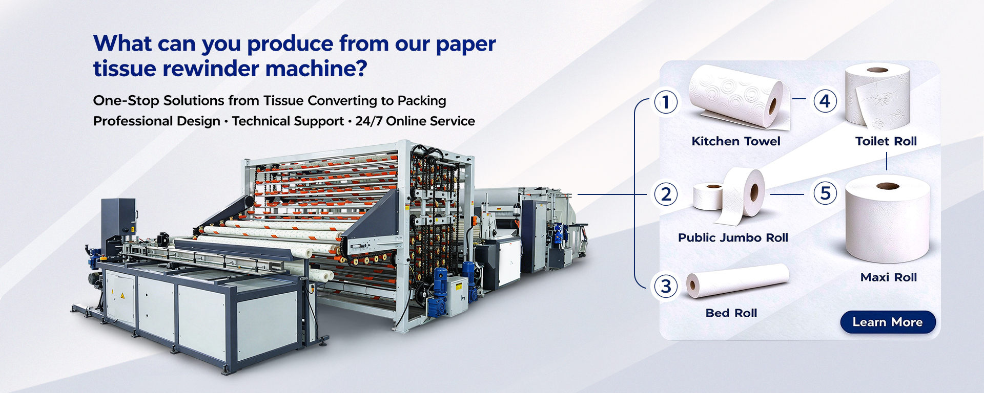 Paper tissue rewinder machine with finished products — kitchen towel, toilet roll, public jumbo roll, bed roll and maxi roll
